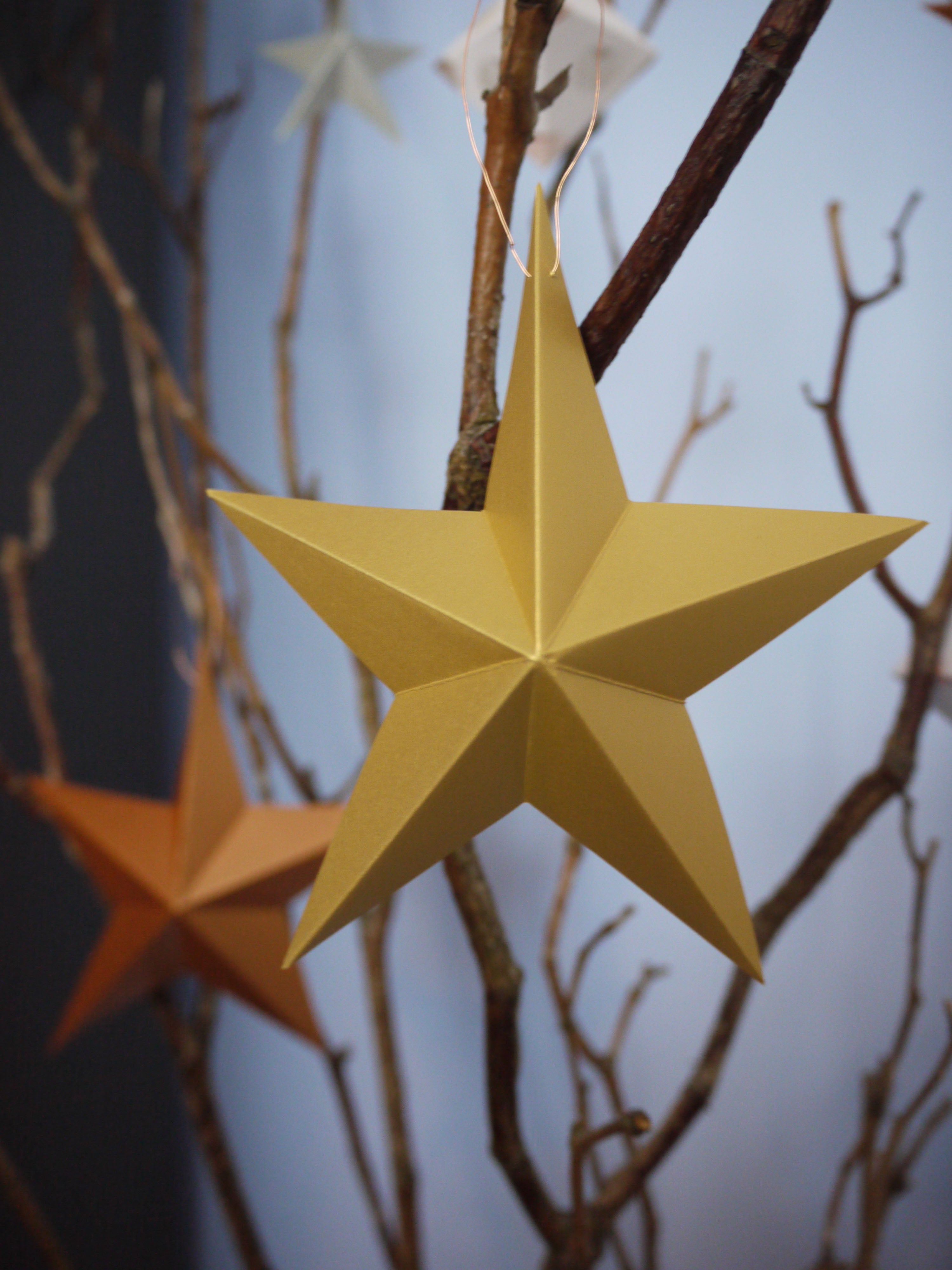 Yellow star-shaped ornament hanging on a branch against a blurred natural background