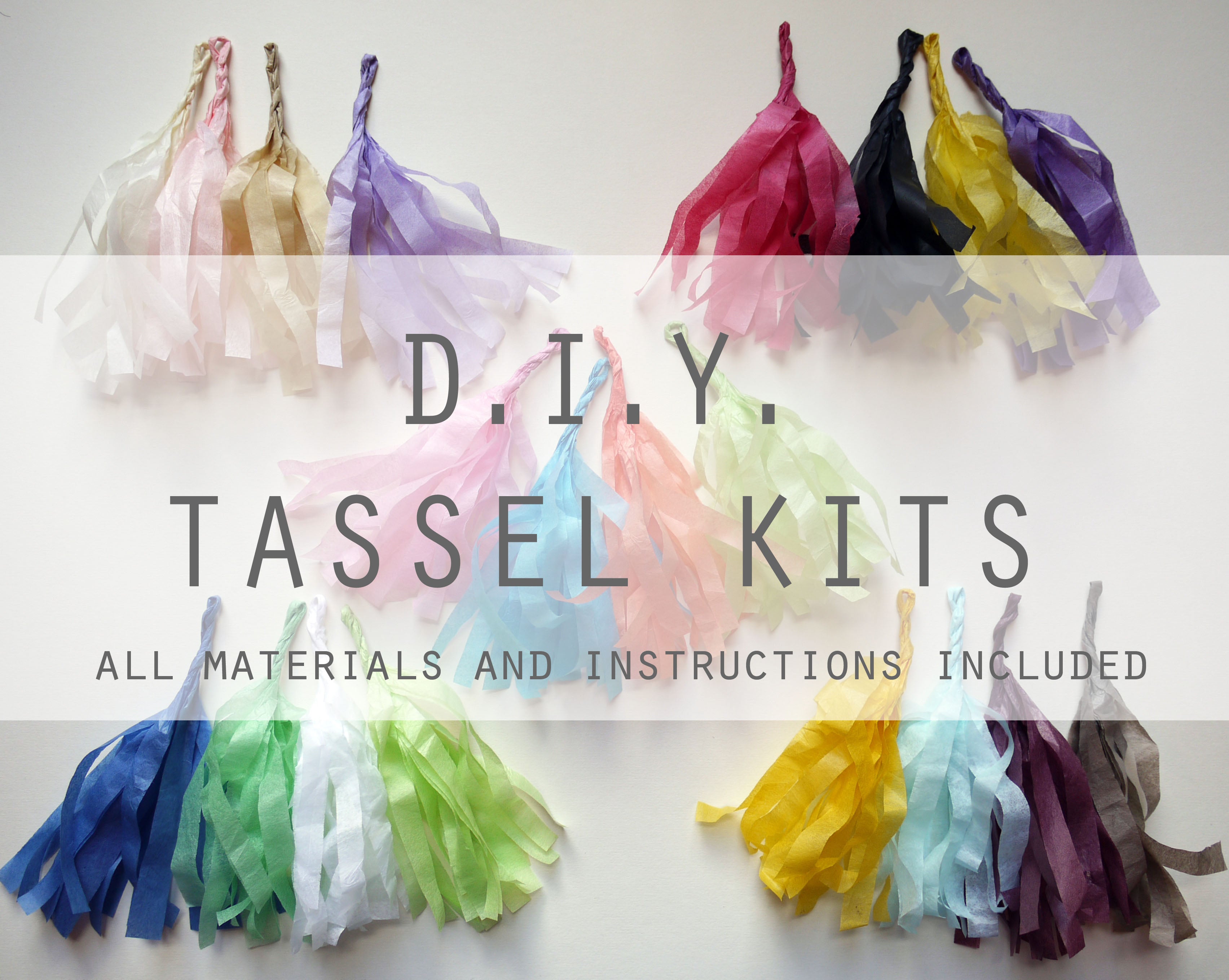 Colorful tassel kits with text overlay on a white background