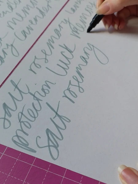 A close-up of a hand holding a grey calligraphy pen and writing elegant cursive script on white paper, with a pink cutting mat visible at the bottom left. Everyday Enchantment collection process from Paper Street Dolls.