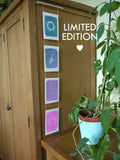 Everyday Enchantment - A wooden cabinet in a home setting displays a vertical stitched riso print wall hanging art print set with four colourful cyanotype panels (blue, purple, pink, and white designs). A potted green plant sits on a wooden table in the foreground, and the text 'LIMITED EDITION' is overlaid on the right side.