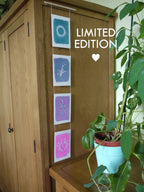 Everyday Enchantment - A wooden cabinet in a home setting displays a vertical stitched riso print wall hanging art print set with four colourful cyanotype panels (blue, purple, pink, and white designs). A potted green plant sits on a wooden table in the foreground, and the text 'LIMITED EDITION' is overlaid on the right side.