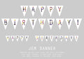 White birthday banner with colorful letters on a gray background