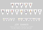 White birthday banner with colorful letters on a gray background