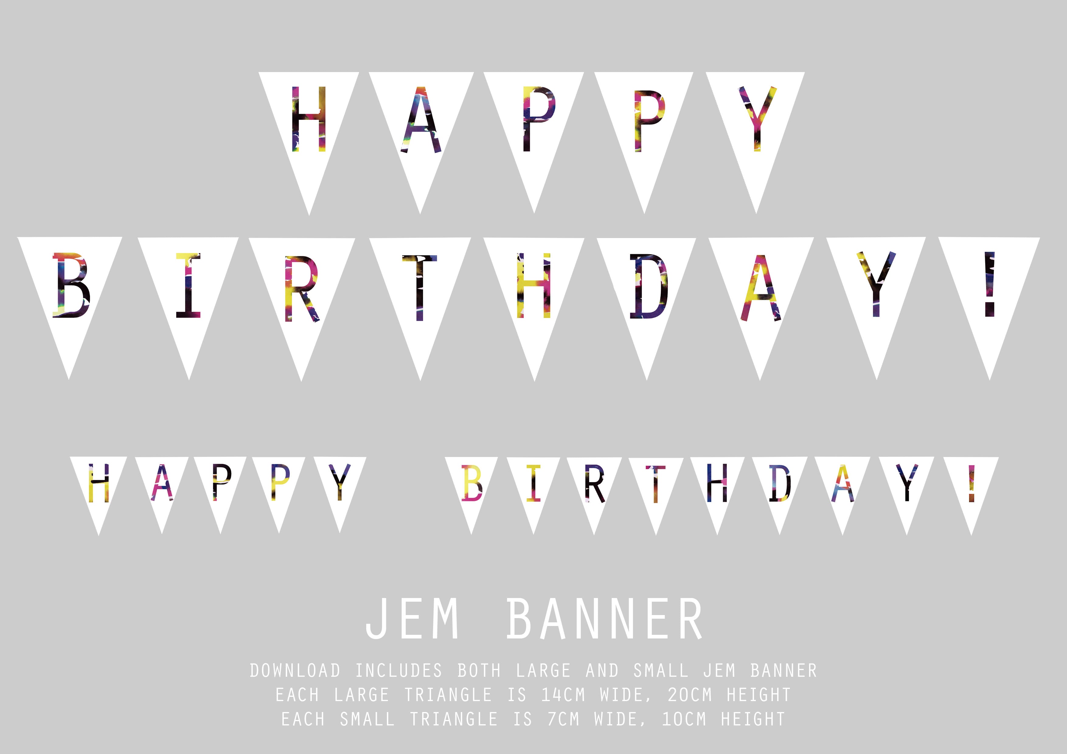White birthday banner with colorful letters on a gray background