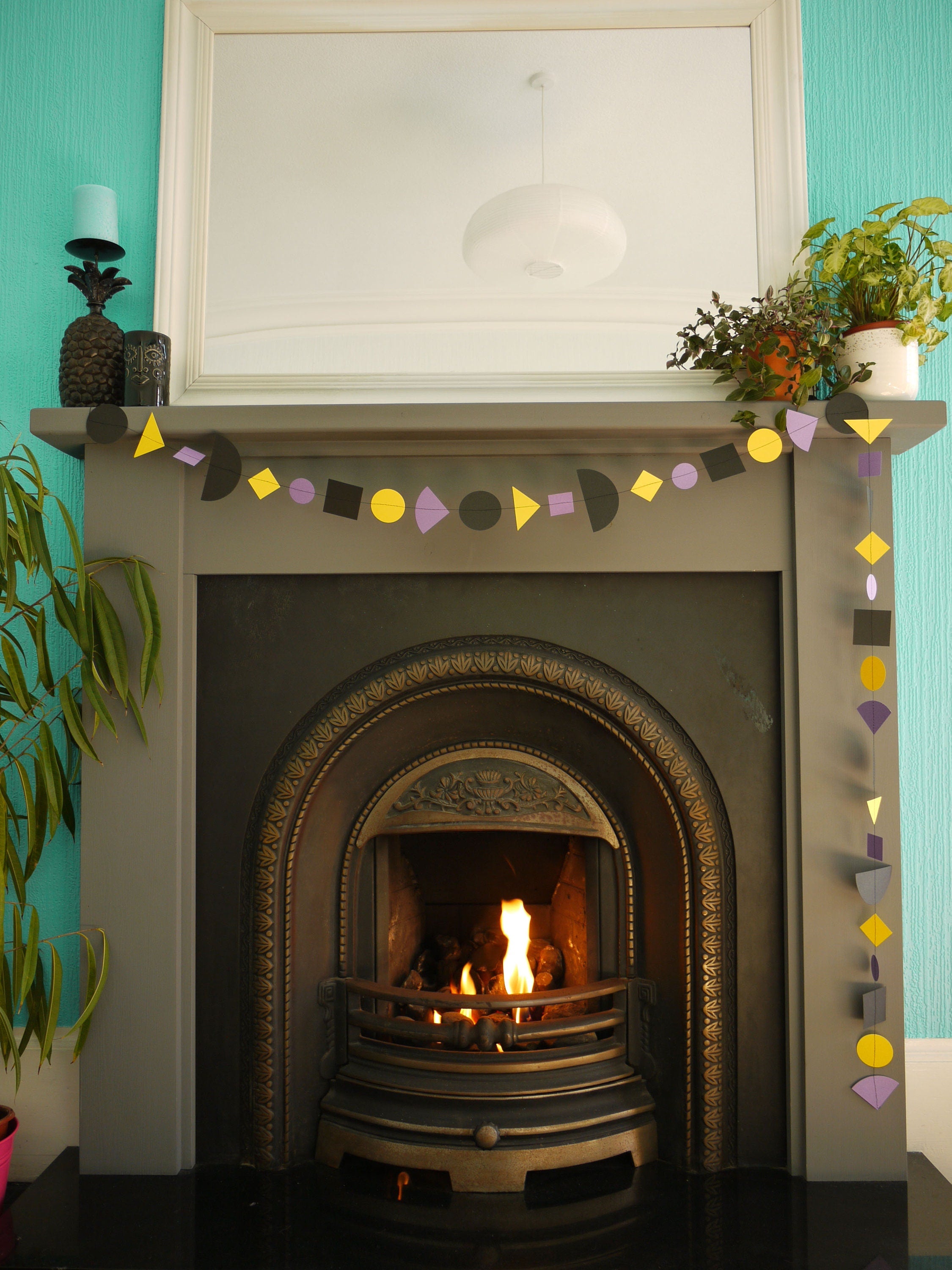 Bold colourful multi shape paper garland with yellow, black and lavender