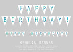 White birthday banner with blue text on a gray background