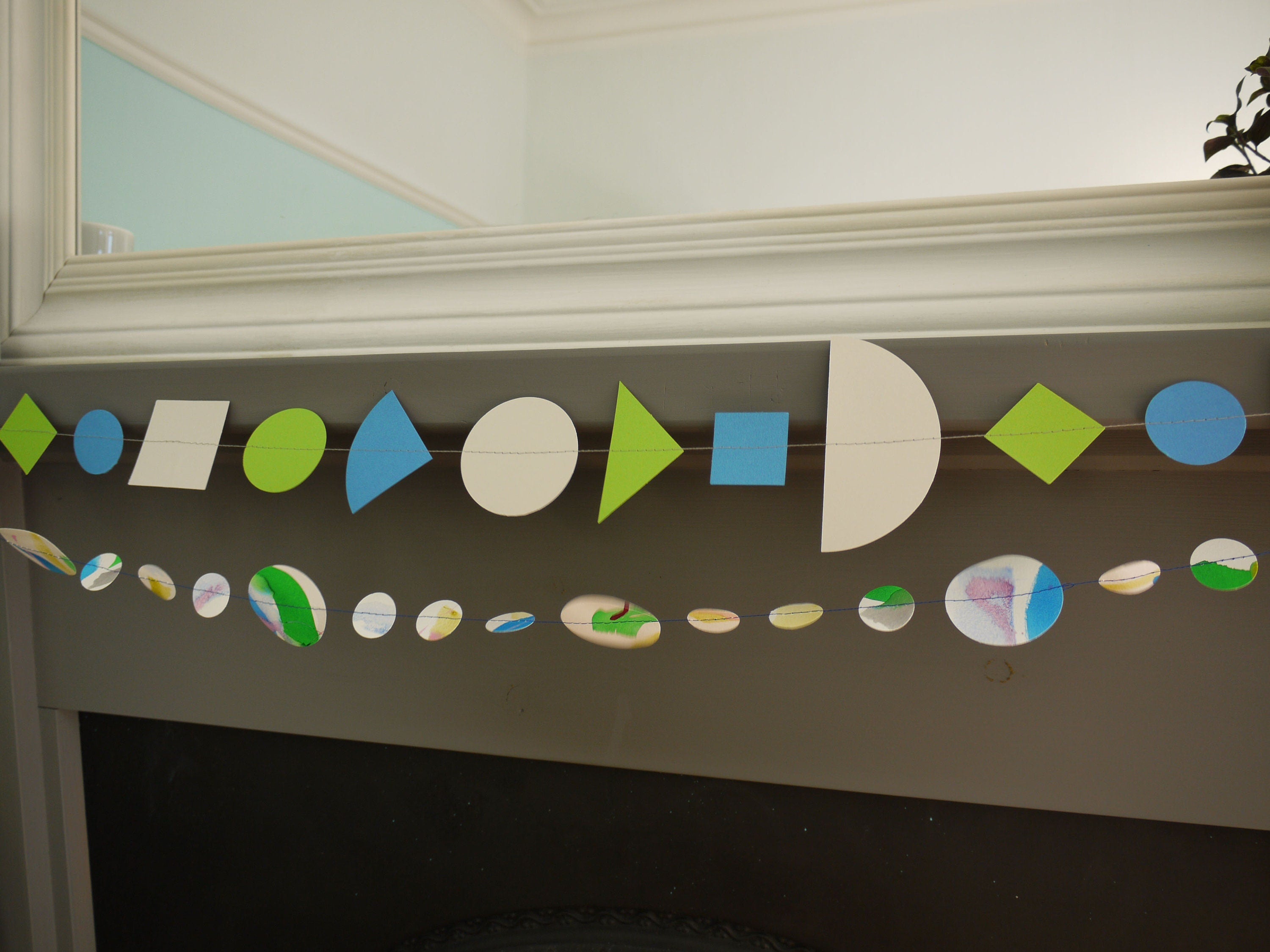 Geometric and watercolour paper garlands in Paper Street Doll's OPHELIA colours of grey, grass green and blue