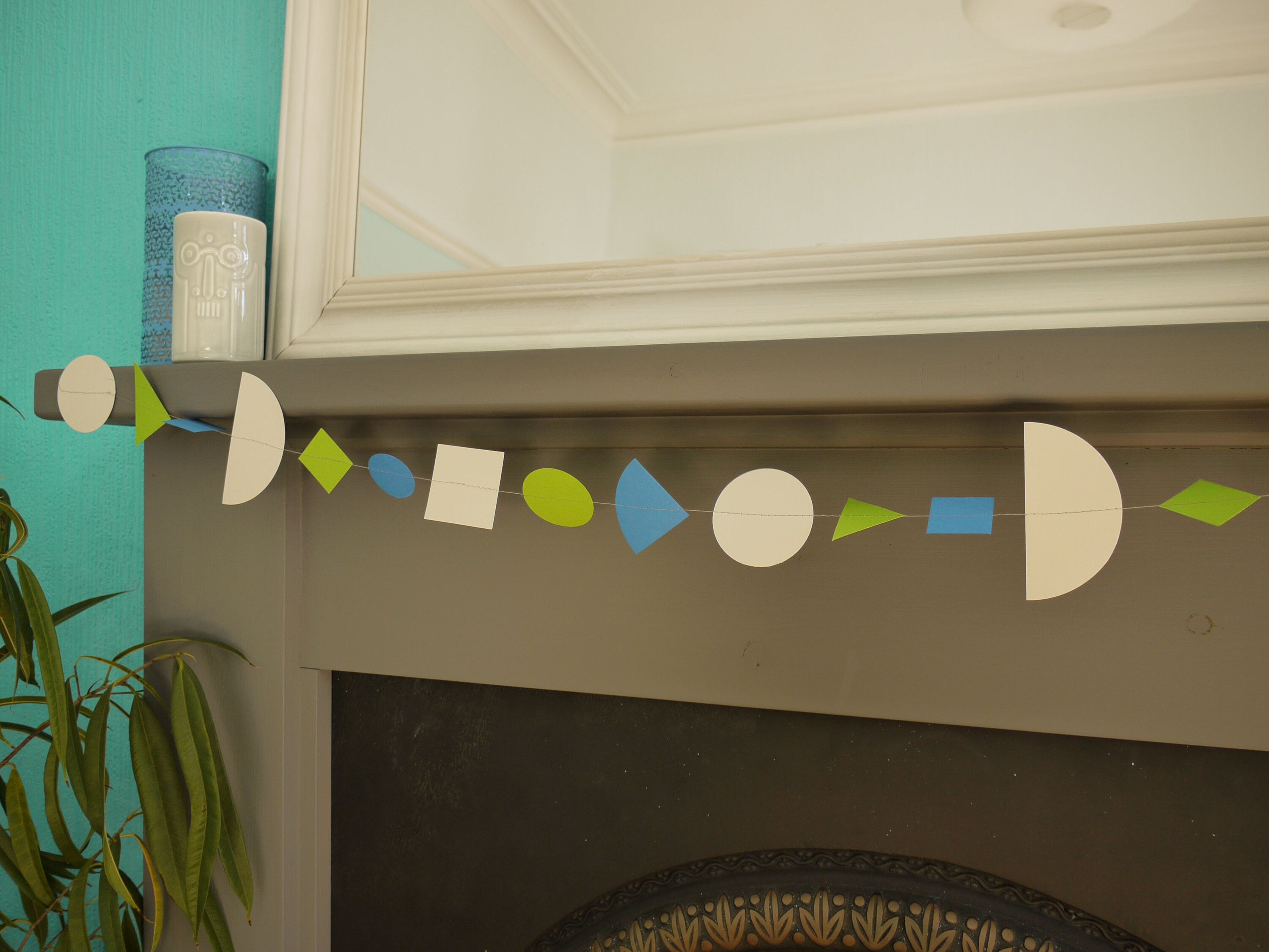 Modern multi shape paper garland in Paper Street Doll's OPHELIA colours of grey, grass green and blue