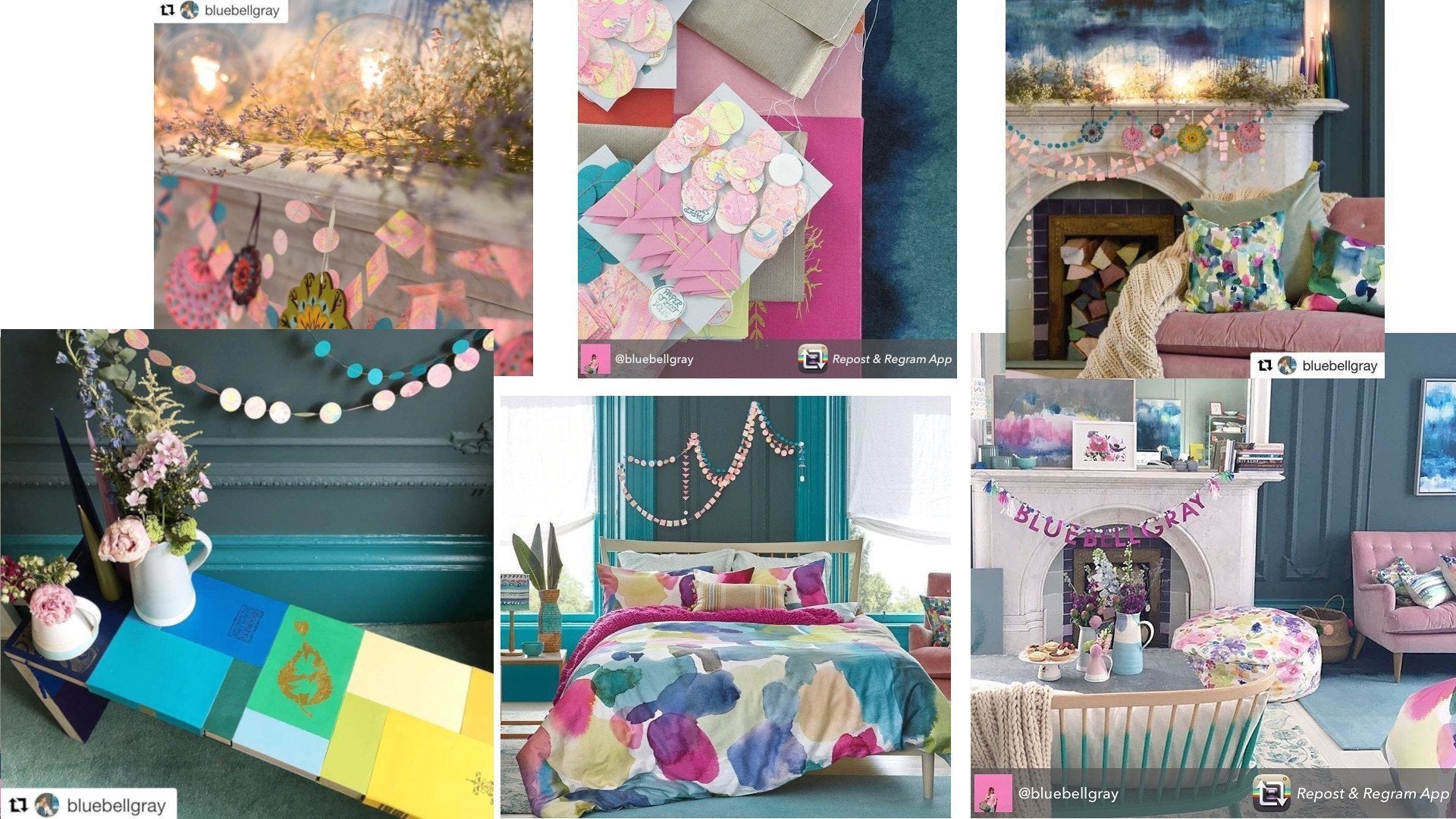 Collage of Bluebellgray bedroom decor with colourful paper garlands and paper decor in Glasgow by Paper Street Dolls 
