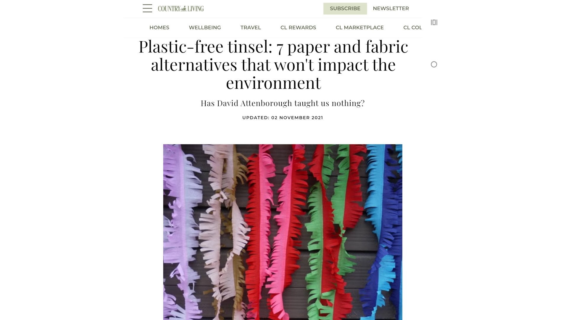 Country Living article featuring eco tinsel handmade by Paper Street Dolls in Glasgow, UK. Environmentally friendly tinsel plastic free decor.