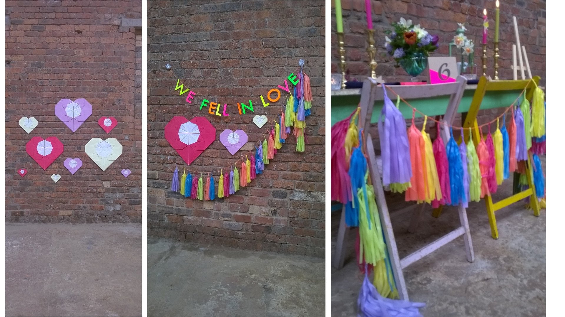 Decorative wedding photoshoot at The Engine Works, Glasgow featuring colourful paper decor from Paper Street Dolls.