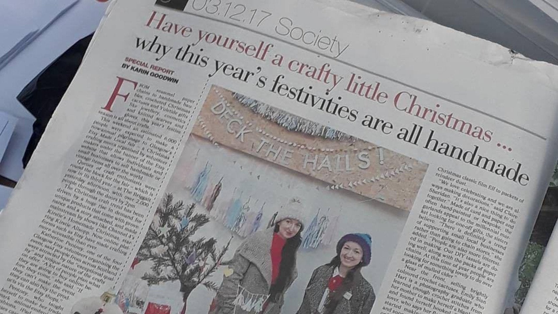 Press feature: Newspaper article with focus on paper Christmas decor in Glasgow from Paper Street Dolls
