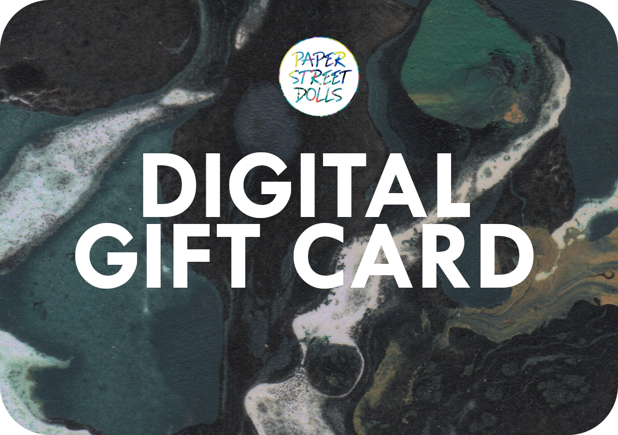 Digital gift card with abstract design and 'Paper Street Dolls' logo.