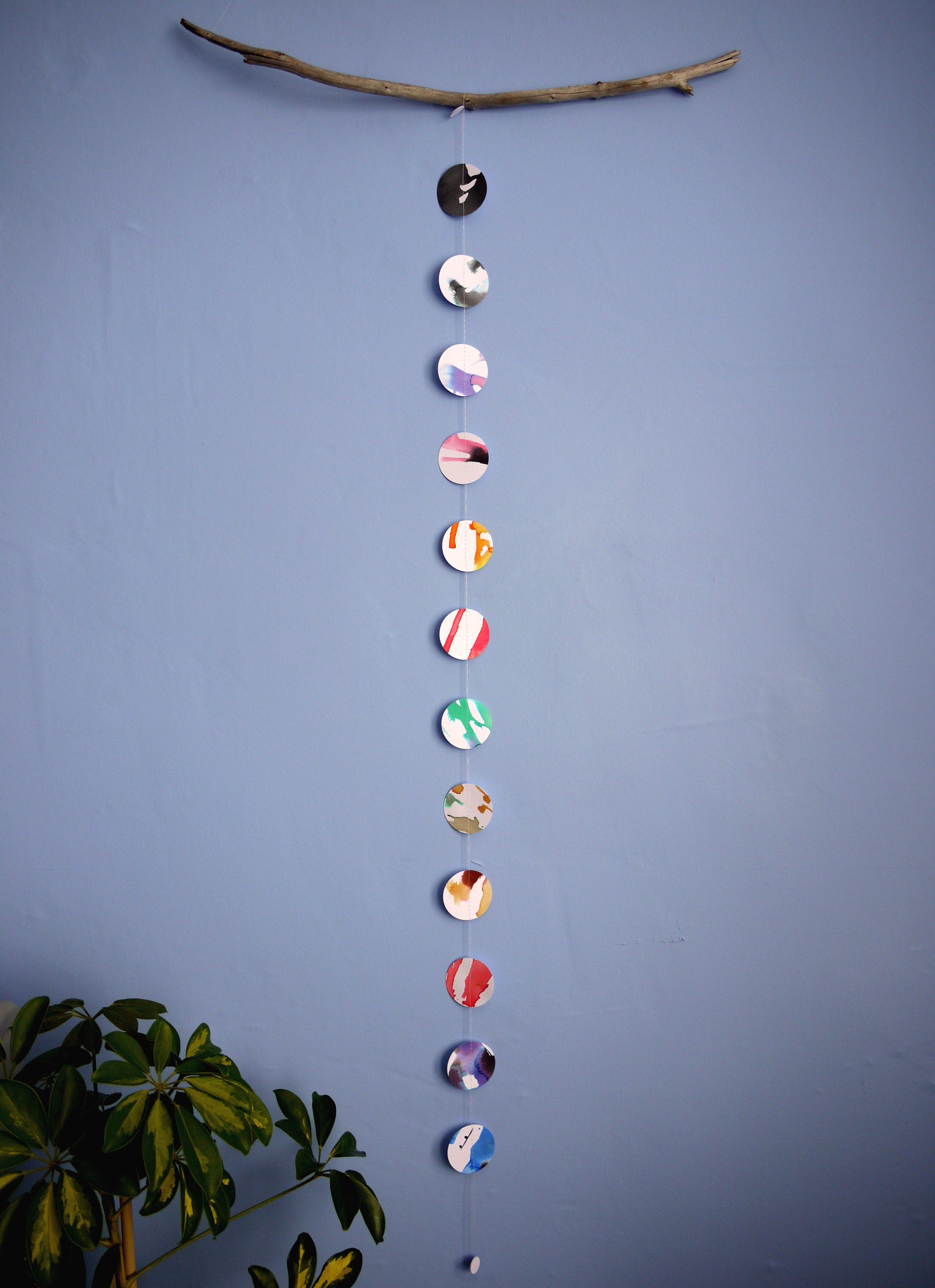 Colourful circle paper garland hanging vertically on a blue wall, plant in foreground