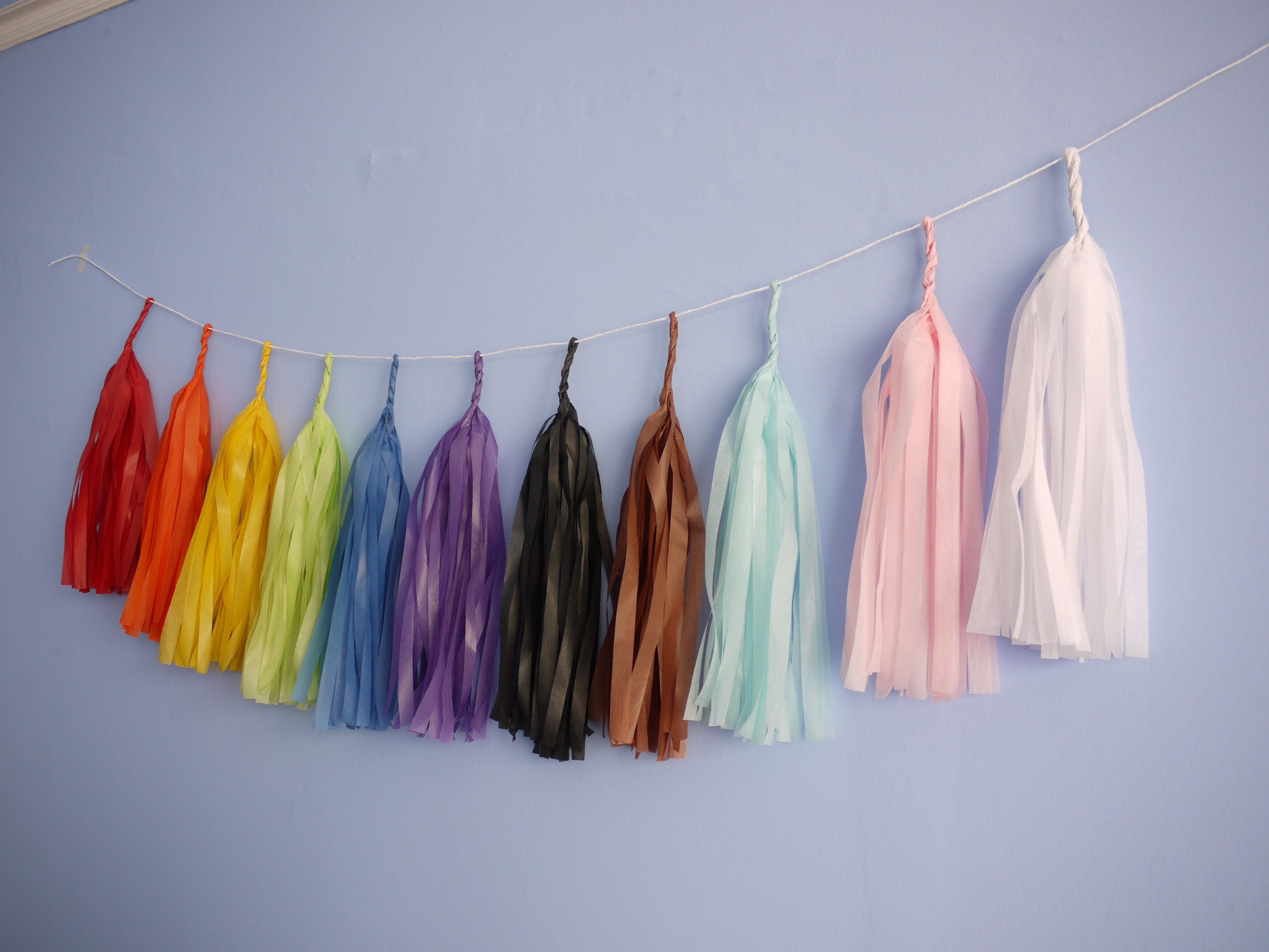 Colourful LGBTQIA+ tassel garlands on a blue wall