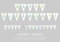 Happy Birthday banner with colorful letters on a gray background