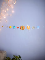Colorful planet decorations on a wall with string lights