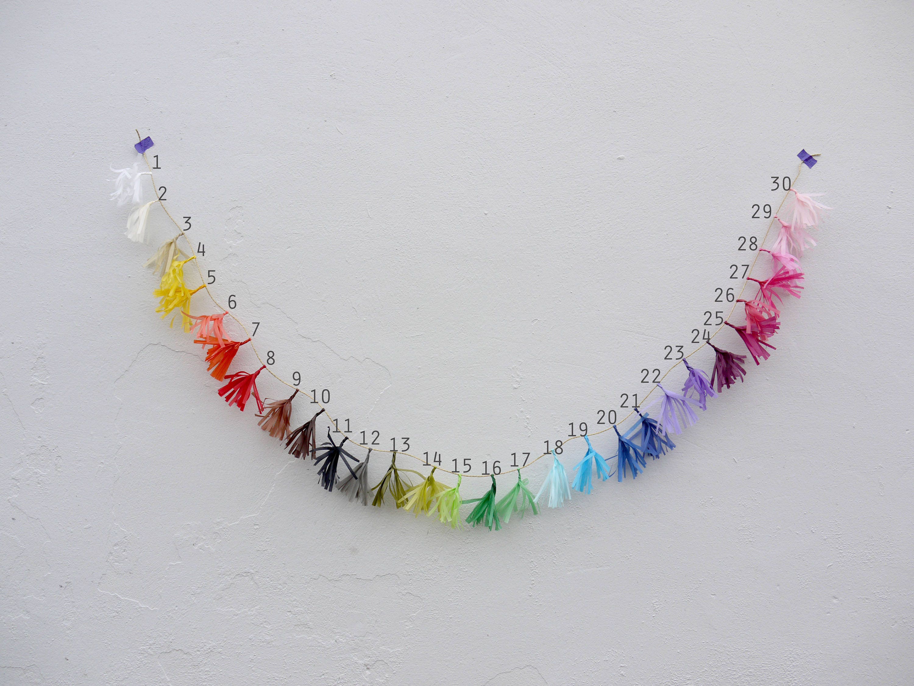 Different colours of tassel numbered on garland