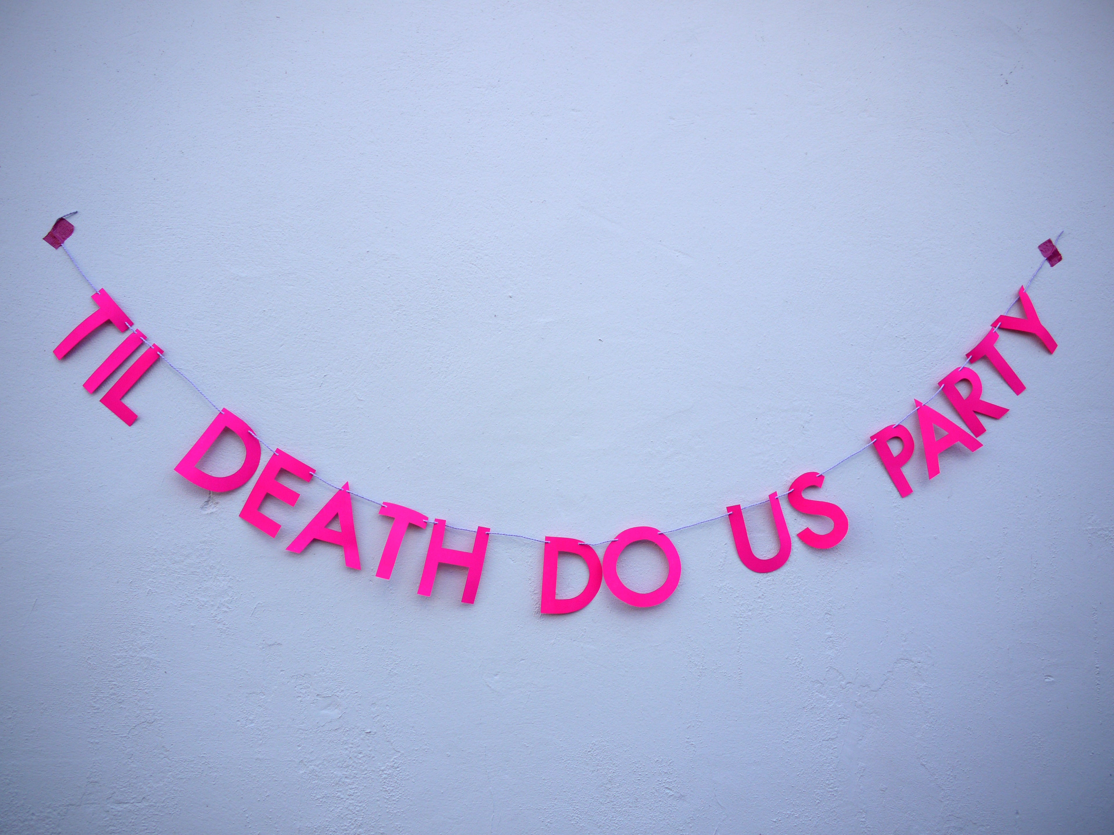 Pink 'TIL DEATH DO US PARTY' banner on a light blue background