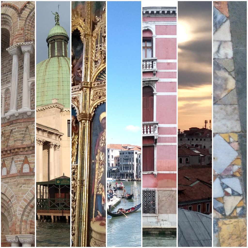 A collage of photographs of Venice showing Paper Street Dolls colour palette inspiration for their Venice tassel wall hanging