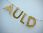 AULD of gold paper banner reads AULD LANG SYNE. Scots phrase decor as New Year at home idea.