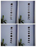Four panels showing a moon phase wall hanging against a light background with plants. Each image demonstrates how the decorative paper garland can be used as a lunar calendar
