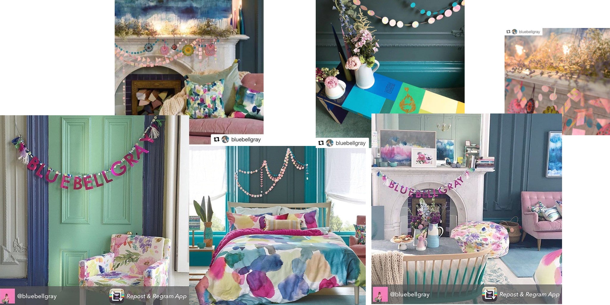 Collage of Paper Street Dolls paper decorations in various Bluebellgray photoshoots. Decorated rooms with colorful furniture and decor.