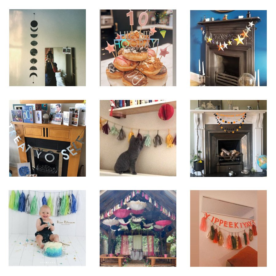 Collage of various home decor and lifestyle images using Paper Street Dolls paper decor. Fireplace, donuts, kiktten and a baby.