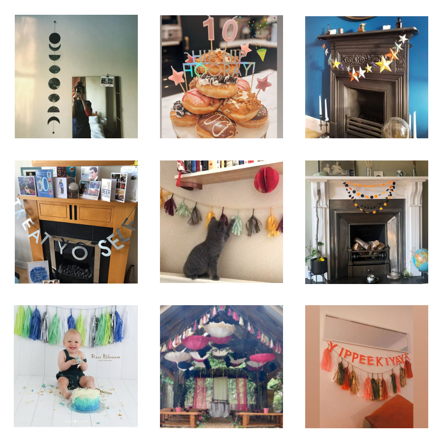 Collage of various home decor and lifestyle images including a fireplace, donuts, and a baby.