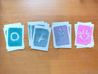 Four small art riso prints laid out on a wooden table. Each showing a unique cyanotype printed in blue, purple and pink tones.