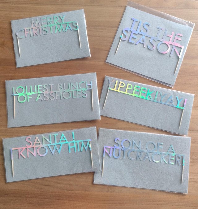 Holographic Christmas eco cake toppers "Tis the season", "Yippeekiyay!", "Merry Christmas"