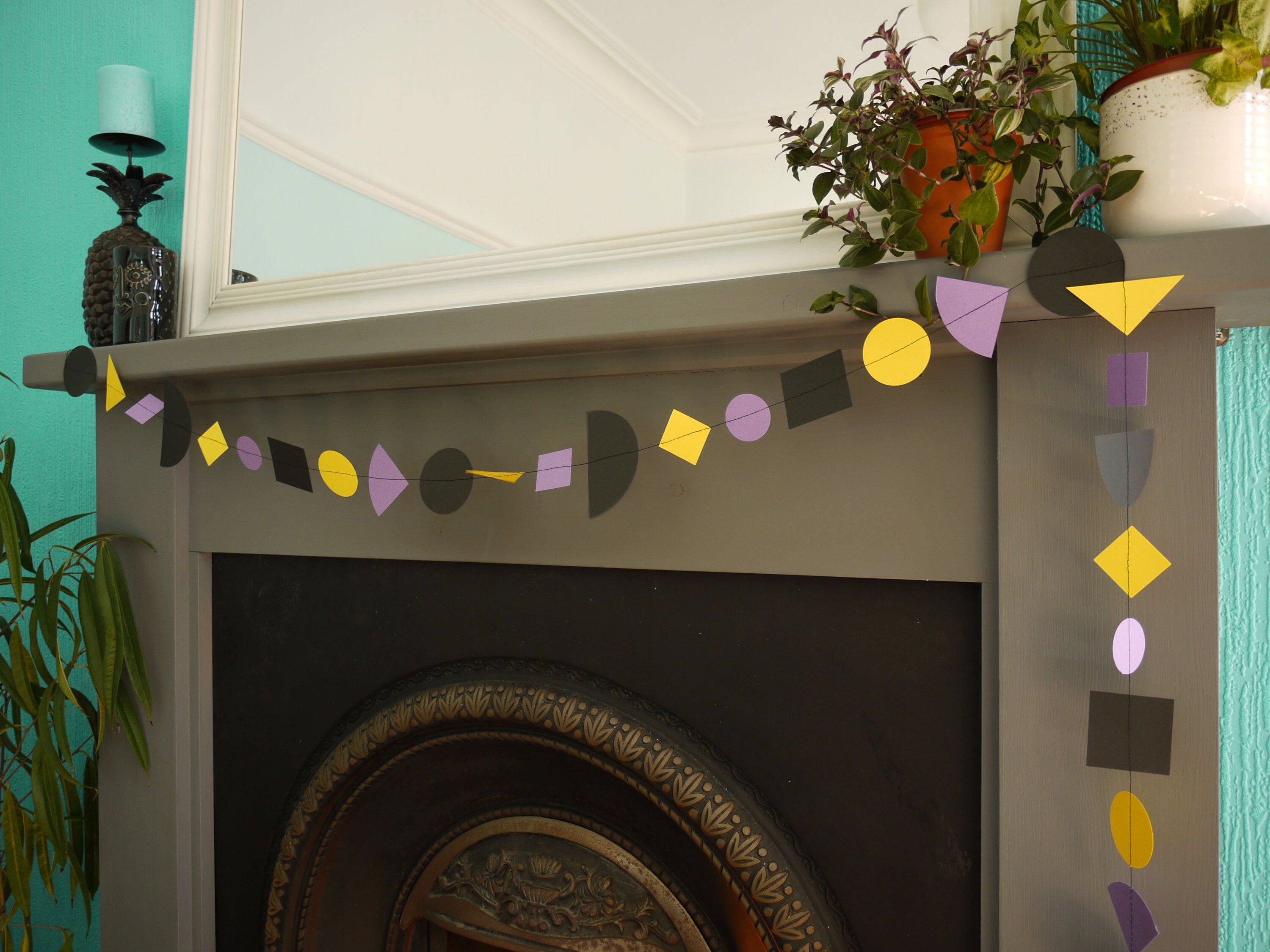 Bold colourful multi shape paper garland with yellow, black and lavender