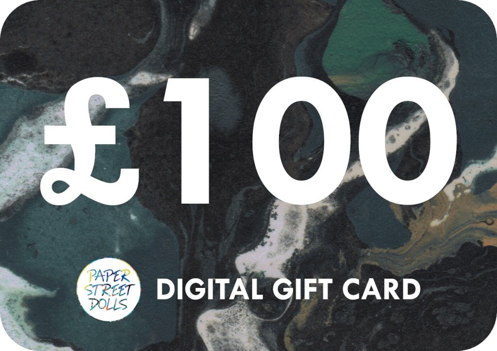 Digital gift card with £100 value and Paper Street Dolls logo on a marbled background