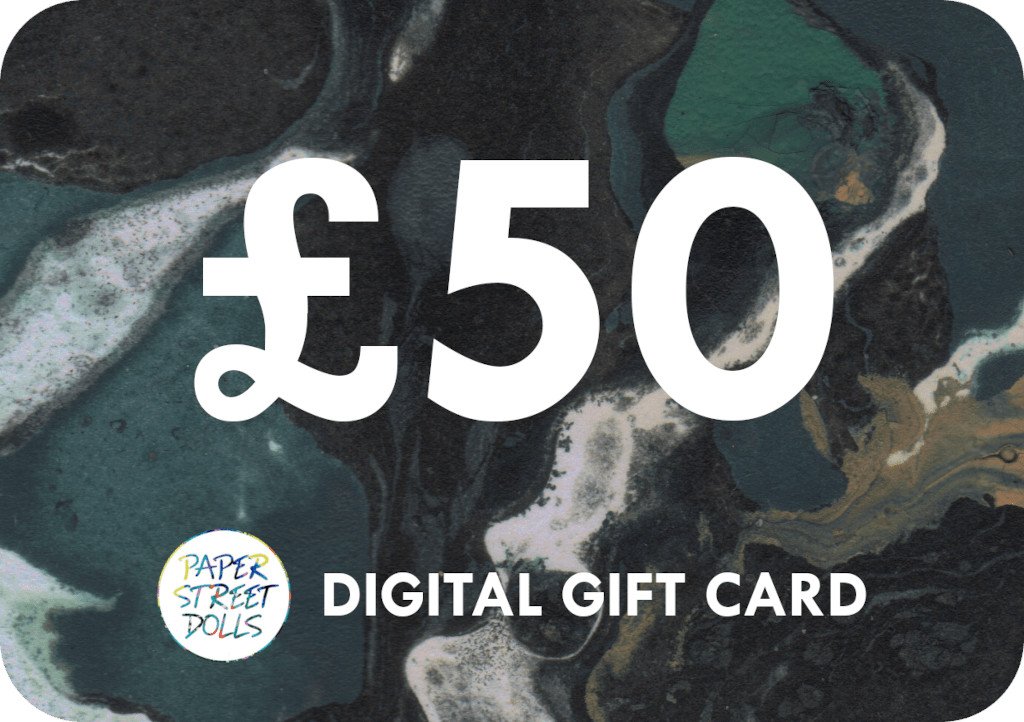Digital gift card with £50 value and Paper Street Dolls logo on a marbled background