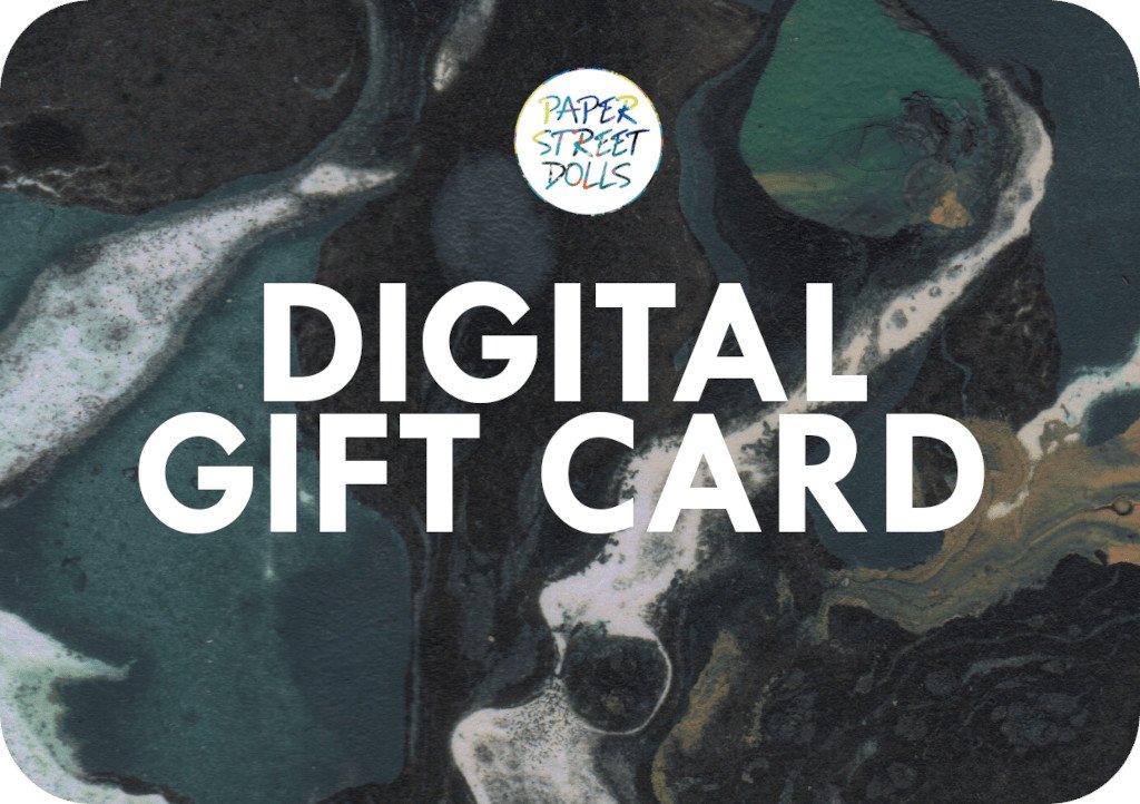 Digital gift card with abstract design and 'Paper Street Dolls' logo.