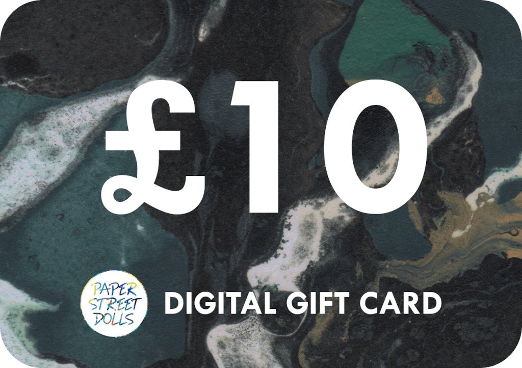 Digital gift card with £10 value and Paper Street Dolls logo on a marbled background