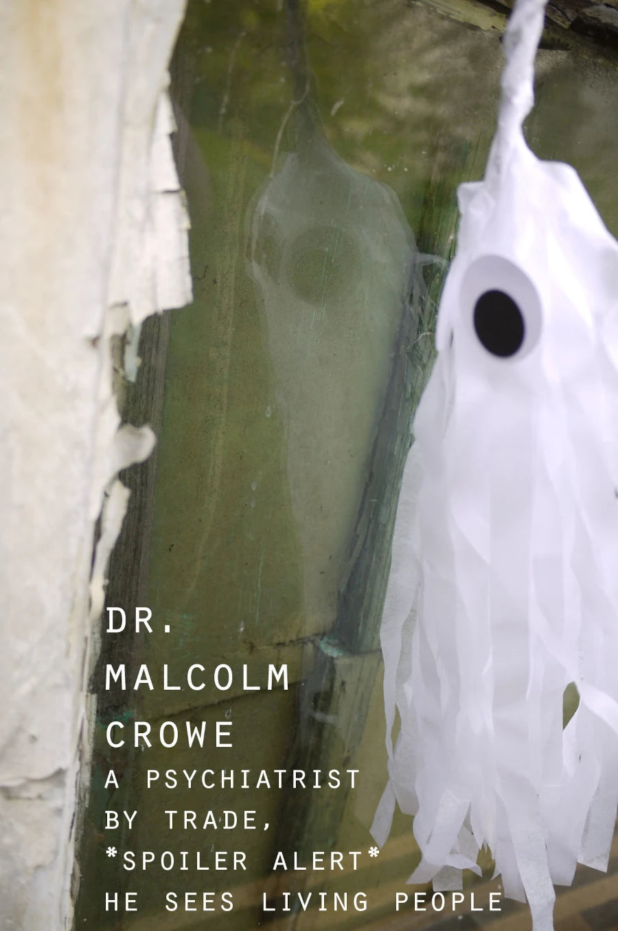 A spooky but cute Halloween white ghost tassel decoration with a black eye on a weathered green door, with the title text 'DR. MALCOLM CROWE A PSYCHIATRIST BY TRADE, *SPOILER ALERT* HE SEES LIVING PEOPLE' in white font.