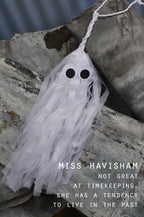 A white ghost-shaped tassel ornament with black eyes hanging from a gray stone surface, with overlaid text reading 'MISS HAVISHAM NOT GREAT AT TIMEKEEPING, SHE HAS A TENDENCY TO LIVE IN THE PAST'. Spooky but cute Halloween decor.